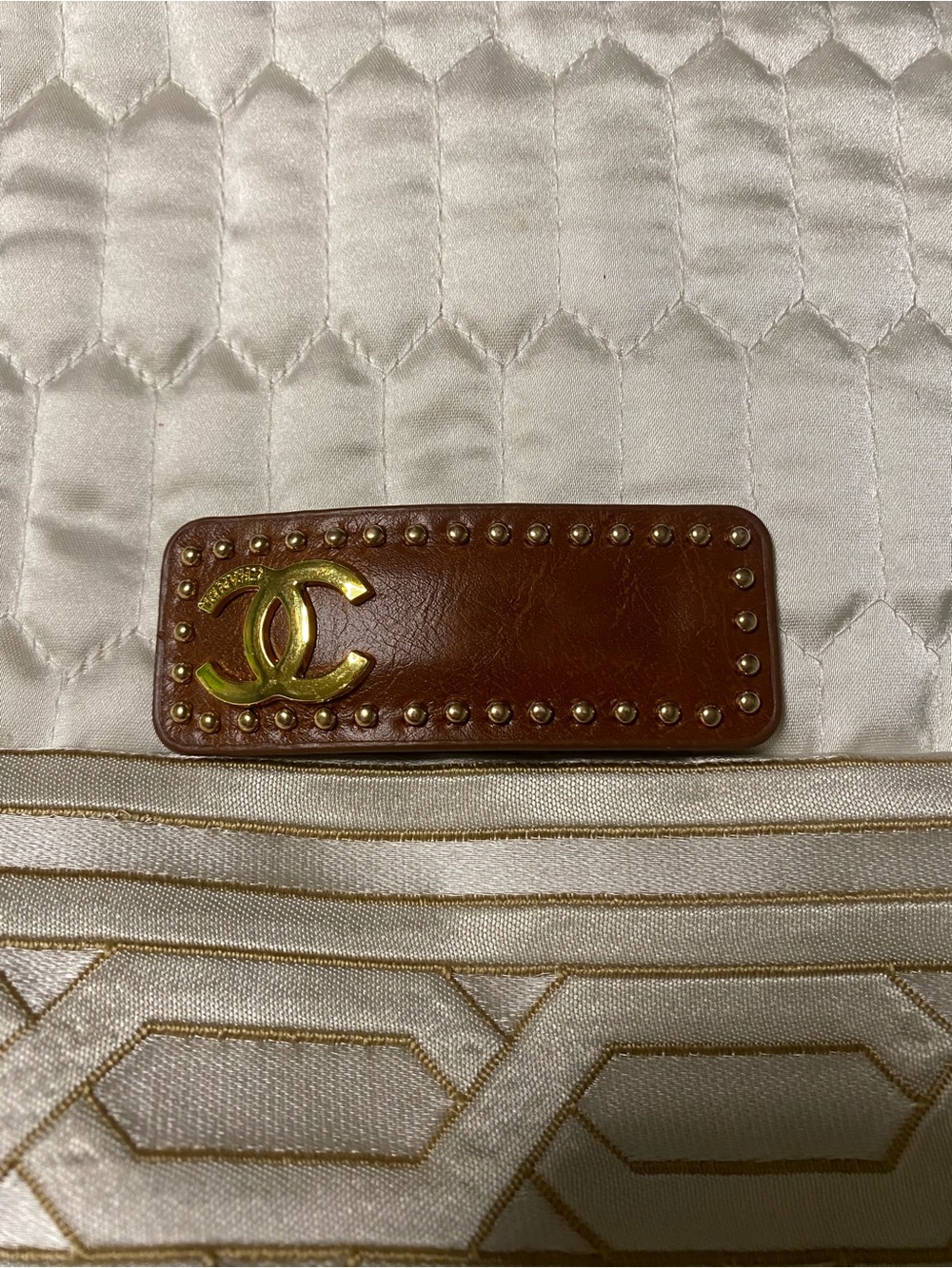 ChaneI Brown Leather Studded Barrette With Gold-Tone Hardware and CC Logo in